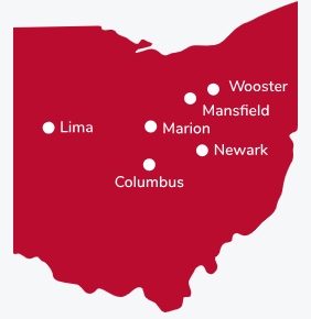 Map of Ohio with points marking where the six campuses of the The Ohio State University are located.