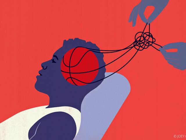 An athlete is lying down with a basketball representing their brain and a net wrapped around it