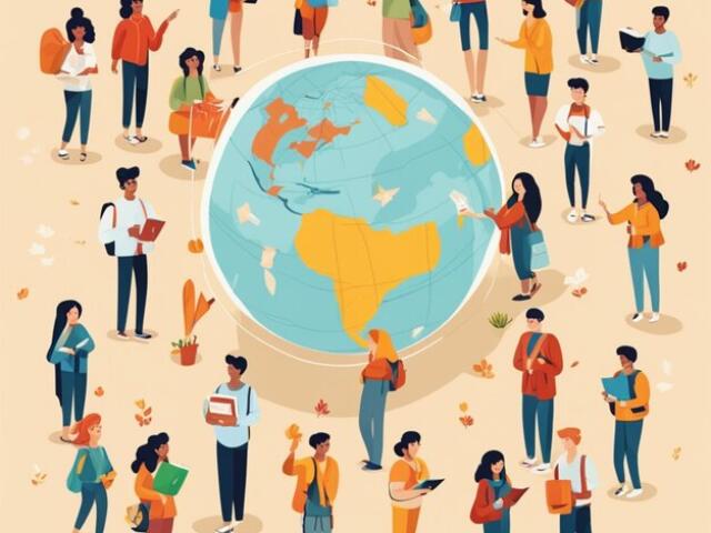 Different international people surrounding a human sized globe