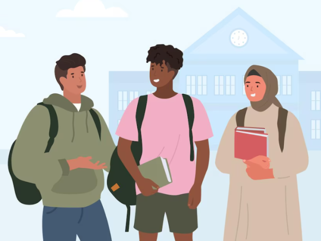 Three different students talking together.